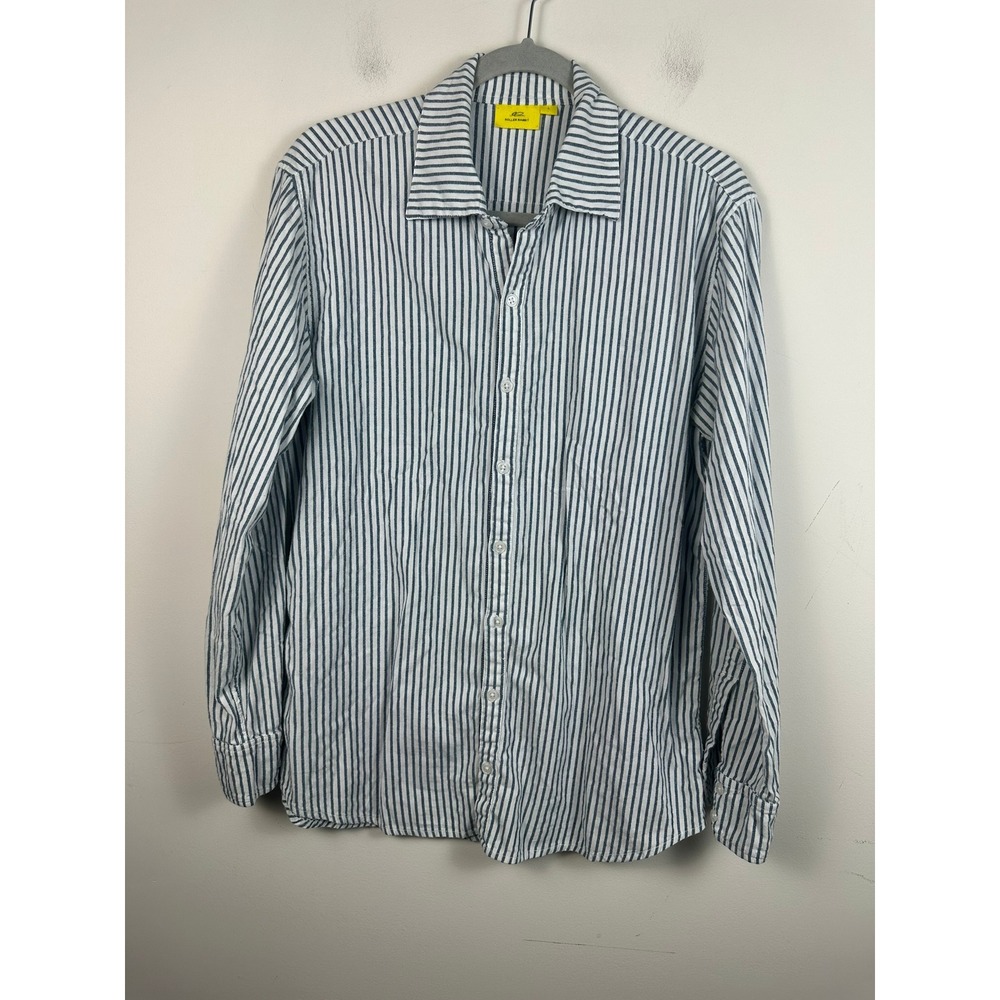 Roller Rabbit Button Down Shirt Womens L Blue White Very Good‎ Striped Cotton